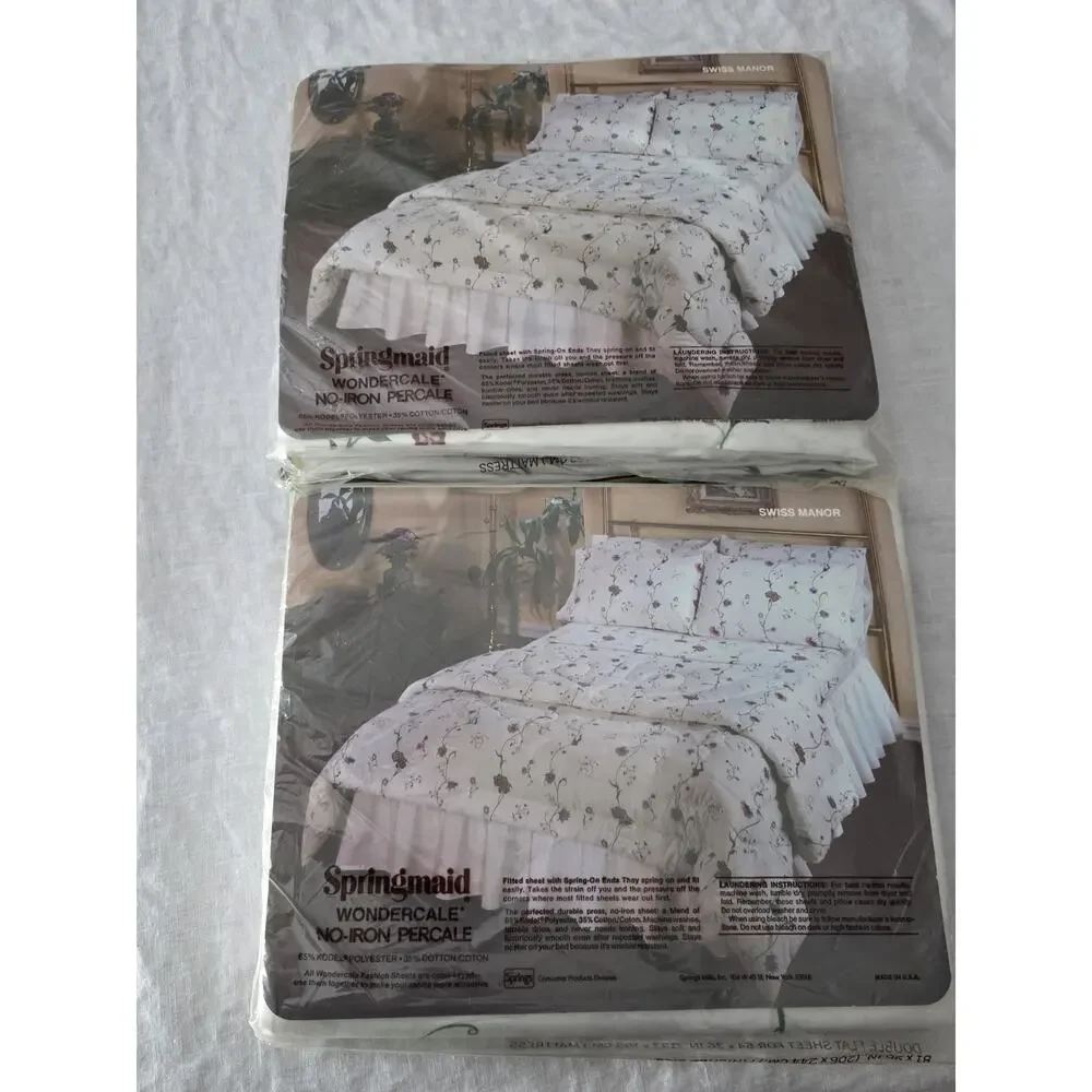 VINTAGE SPRINGMAID Wondercale Double Flat Sheet + Fitted Sheet Swiss Manor